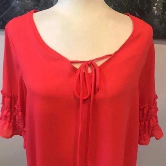 Corvia Salmon Colored Ruffled Sleeves sheer top with Cute Tie Front-Size M - Picture 5 of 5